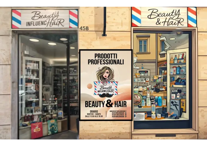La vetrina di Beauty InfluencHair in Via Vigone 45/B, metà foto e metà illustrazione